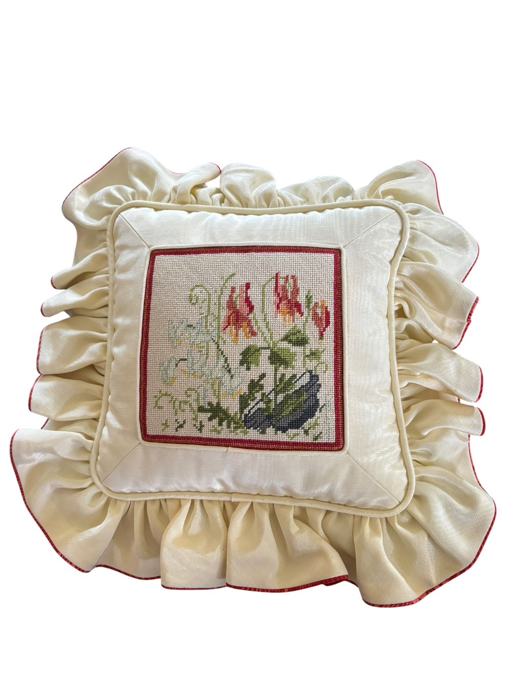VTG Needlepoint Ruffle Trim Floral Throw Accent Pillow 14X14 Cottagecore Country